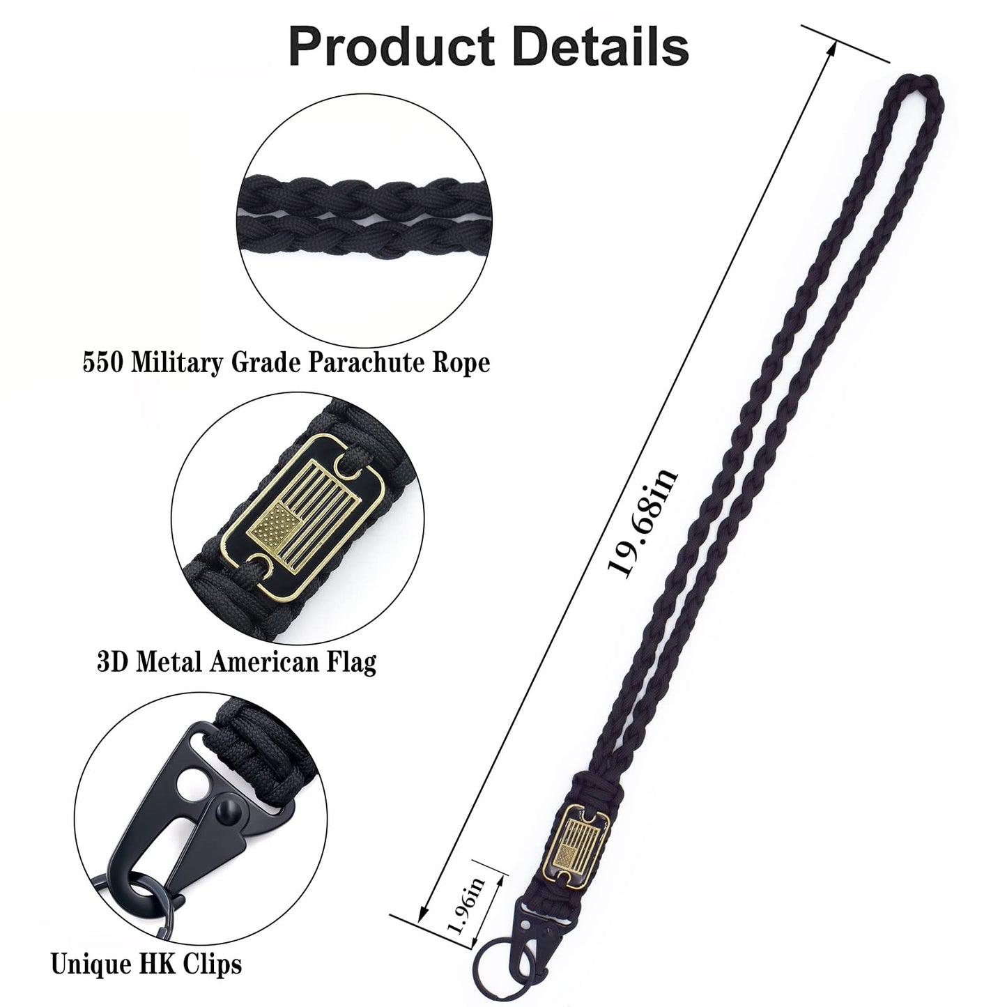 Tragdro 2 Pcs Heavy Duty Braided Paracord Lanyard Keychain with USA Flag, Parachute Rope Necklace Keychains, Braided Strong Lanyard for Outdoor Activities, Camera, Keys, Whistle, Traveling