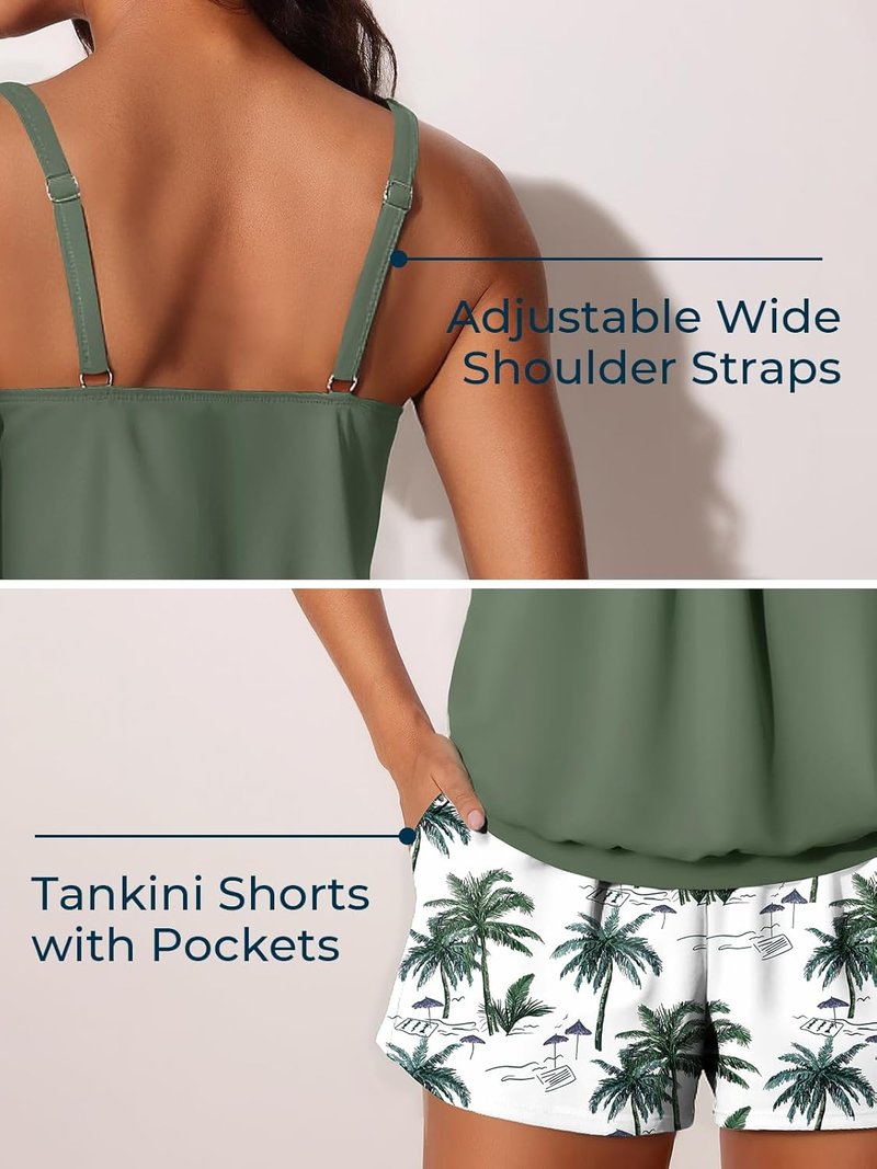 Modest Tummy Control Tankini Swimsuit for Women - Summer Mae Blouson Swim Shorts with Pockets | Perfect for Beach Days