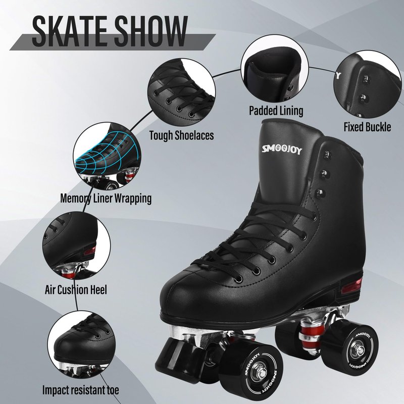 SMOOJOY Quad Roller Skates for Women and Men - PU Deluxe Double Row-Classic Premium Leather Skates Indoor Outdoor Roller Derby with Air Cushion