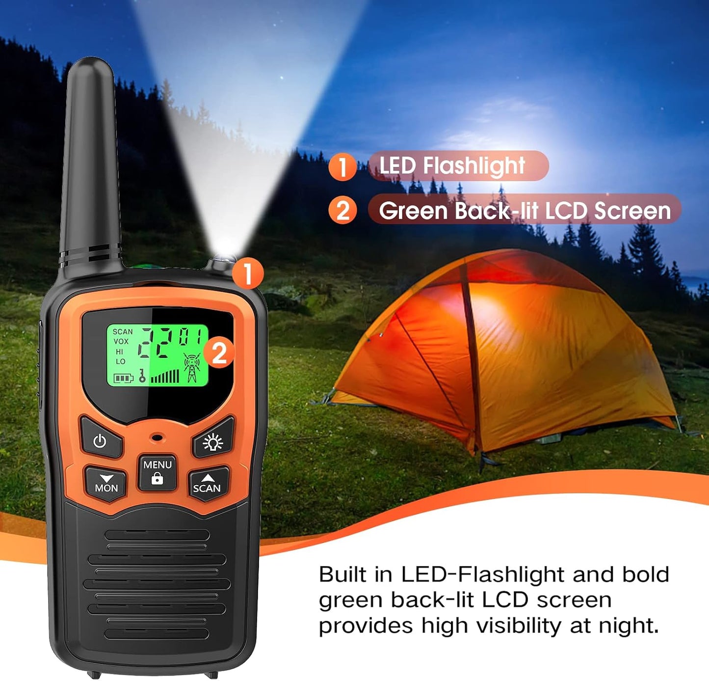 MOICO Walkie Talkies - Long Range 22 FRS Channels for Adults | Family Hiking & Camping (Orange, 2 Pack)