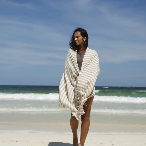 Green Petition Peshtemal Organic Cotton, Quick Dry, Compact, Lightweight, Undyed, Recycled with Bag (35 x 67, Sand Beige)