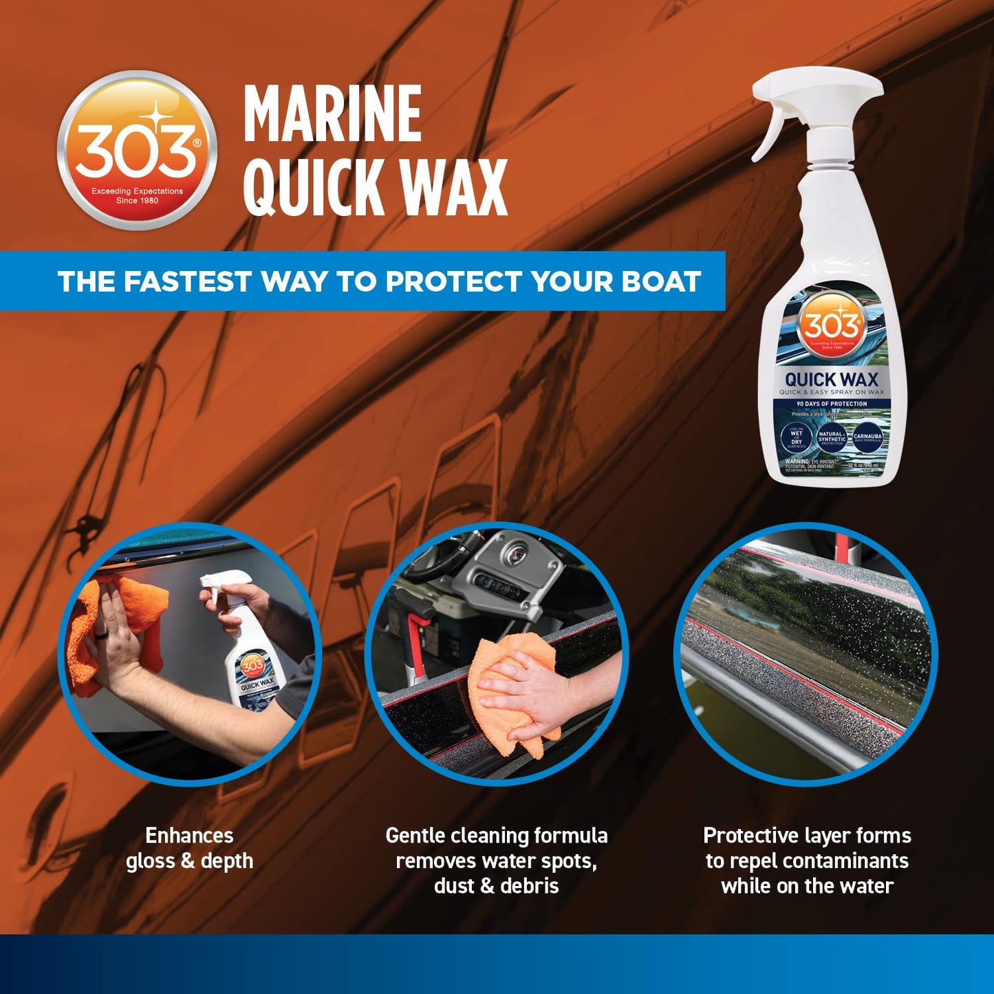 303 Products Marine Quick Wax, Boat Spray Wax for Fiberglass & Gelcoat – Quick Shine Spray for Boats, Slick Gloss Finish, Easy Spray-On Application, 32 oz