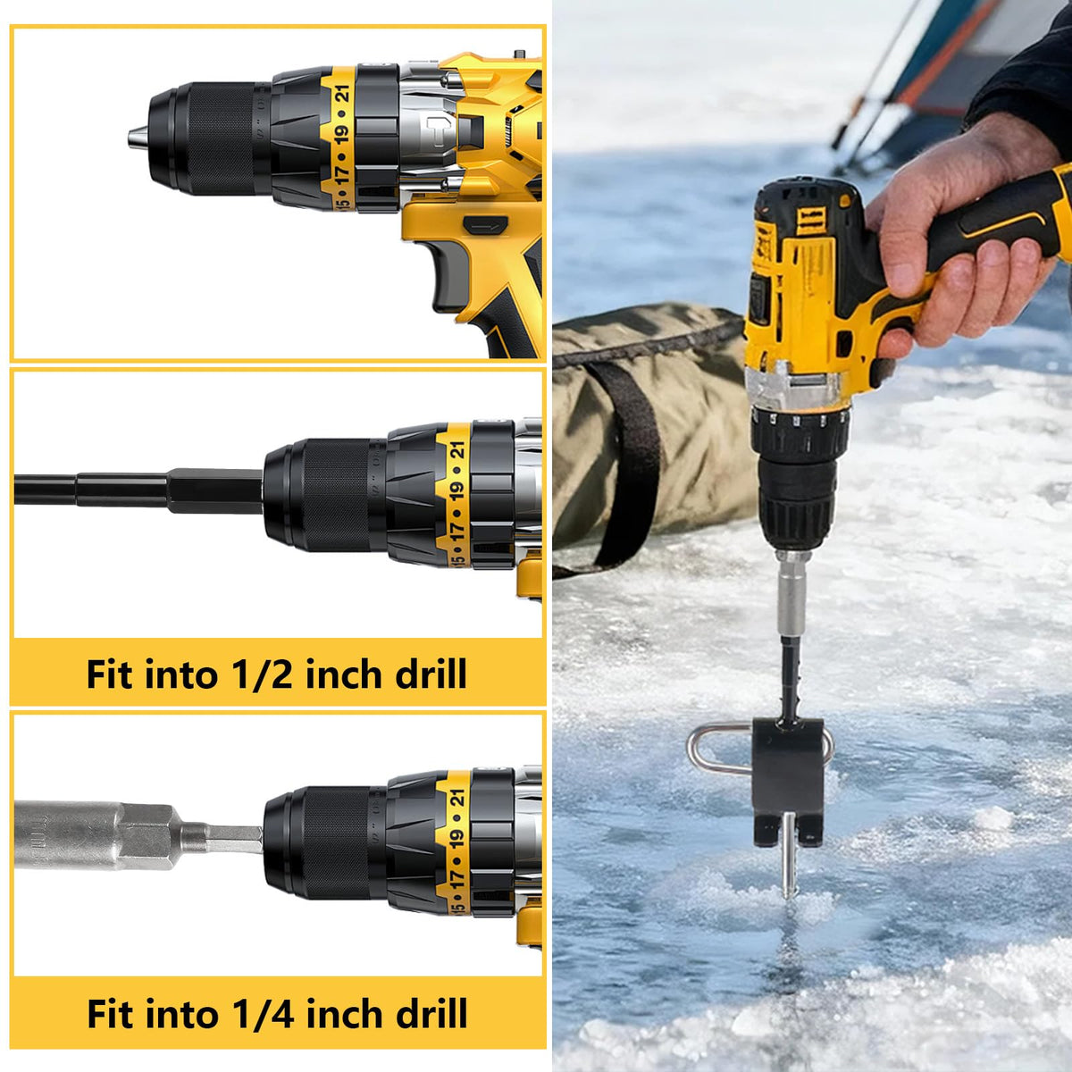 Heavy Duty Ice Anchor Drill Adapter Tool Kit, 19Pcs Stainless Steel Tent Stakes Set with 13FT Ratchet Ropes, Tent Hooks, Canvas Bag for Ice Fishing Shelter Setup (8Pcs Tent Stakes+6Pcs Rope Roller)