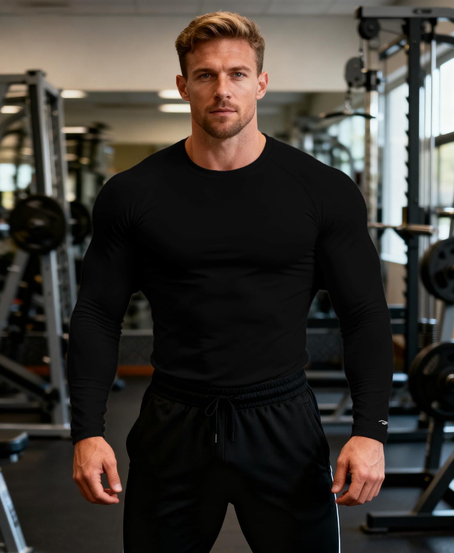 RGJU Long Sleeve Athletic Shirt Men Slim Fit Outdoor Running Thermal Crewneck Tops Base Layer T-Shirt Moisture Wicking(Black,M)