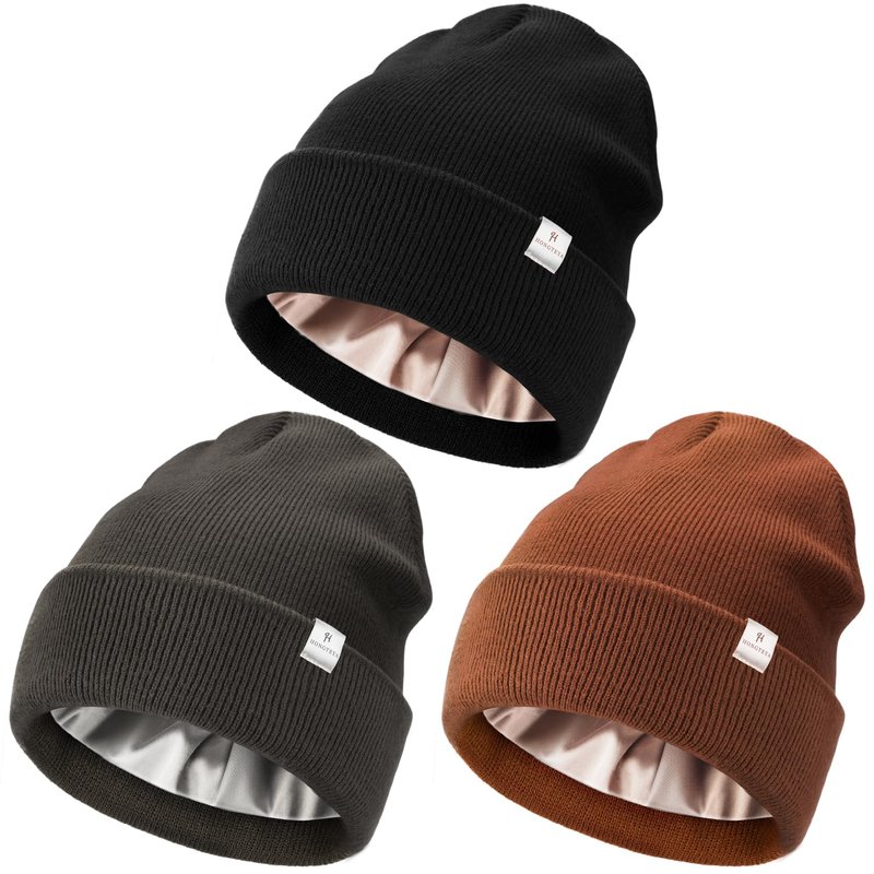 3 Pack Satin Lined Winter Beanie Hats (US, Alpha, One Size, Black+Caramel+Grey Blue)