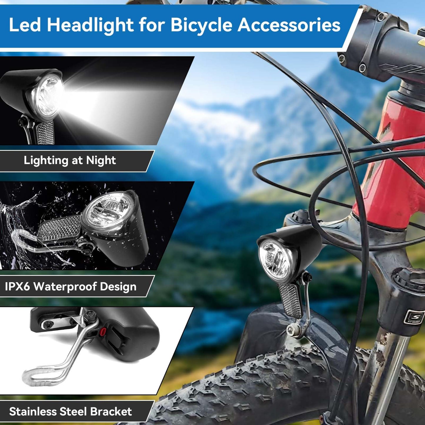 Ebike Headlight 6-60V, Night Riding Waterproof Electric Dirt Bike Front Light Road Bike Led Headlight Cycling Accessories with SM Plug for Cycling Safety