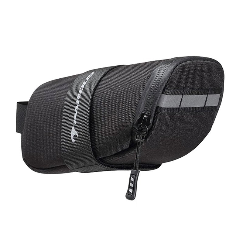 PARDUS Bike Saddle Bag, Water Resistant Bicycle Seat Bag, Durable Under Seat Storage Pouch with Multi-Tool Sleeves, Small Compact Bike Bag, Black