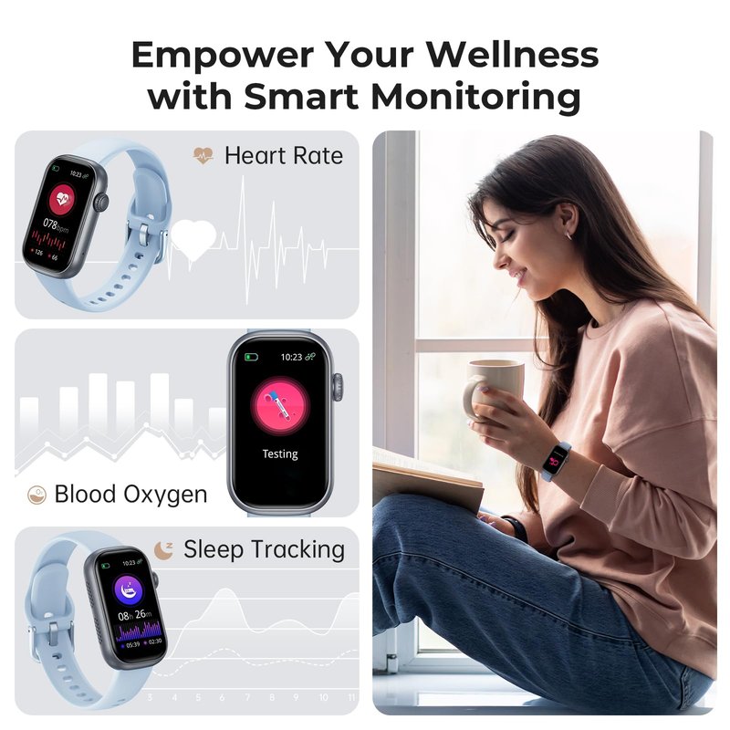 BOALZETD Fitness Tracker for Men Women, 24/7 Heart Rate, SpO2 and Sleep Monitor Health Watch, Calorie Step Counter Fitness Watch IP68 Waterproof Smart Watch for Android and iOS, Light Blue