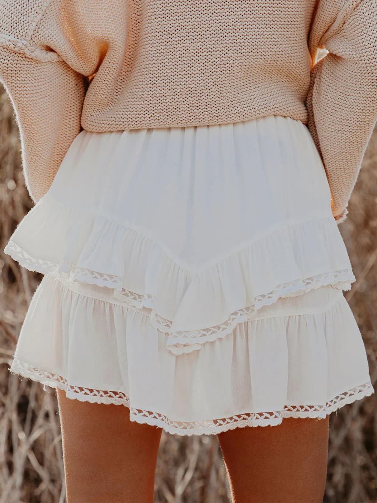 Aoudery Flowy Shorts for Women Casual Boho Ruffle Tiered Skorts High Waist Mini Skirts Golf Tennis Butterfly Crochet Shorts - A White XL