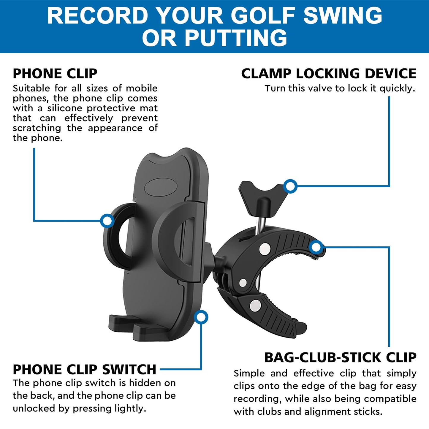 ONHAWKS-Golf Cart Cell Phone Holder Record Swing and Putting Accessories| Selfie Putter Training Aid Works with Any Golf Bag, Club and Alignment Sticks