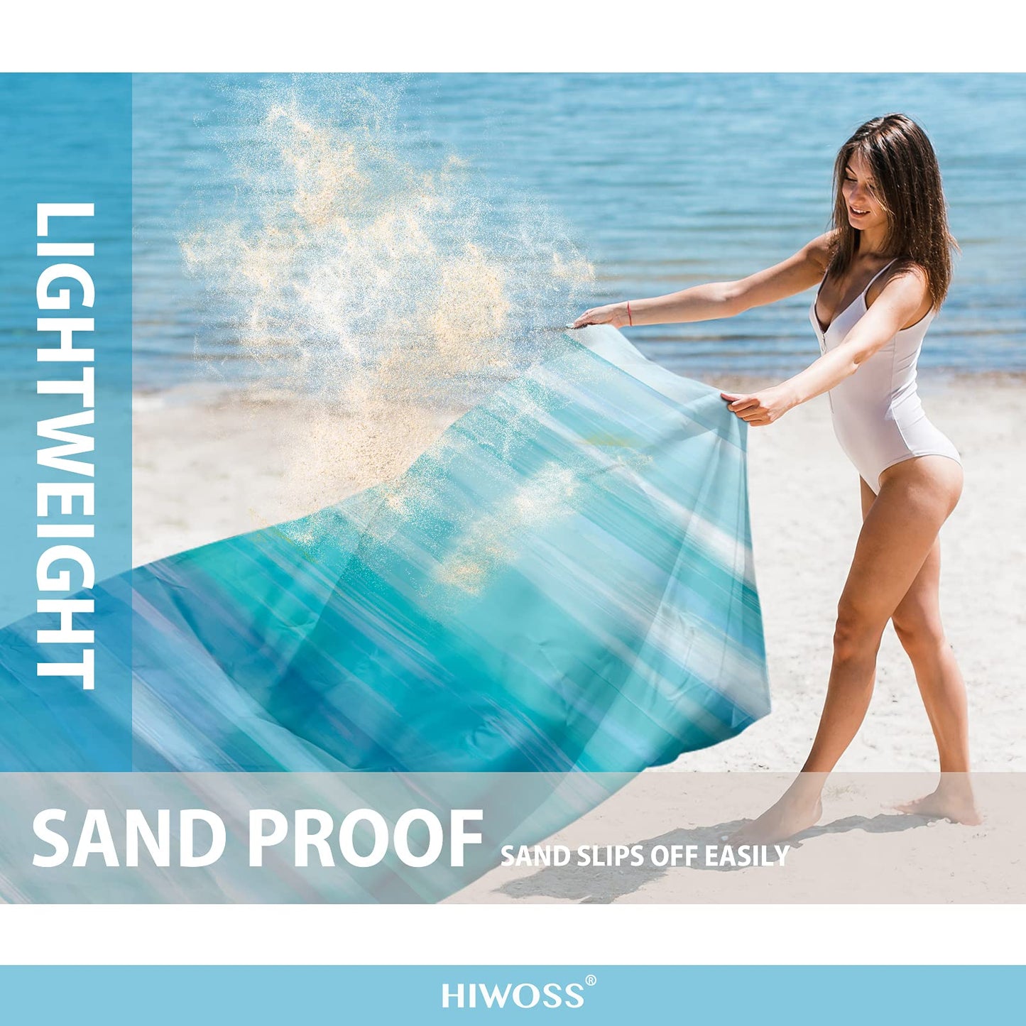 Hiwoss Beach Blanket Waterproof Sandproof Oversized 95”x 80”,Sand Free Beach Mat with Corner Pockets,Portable Mesh Bag for Beach Festival,Picnic,Travel and Outdoor Camping (DreamSea)