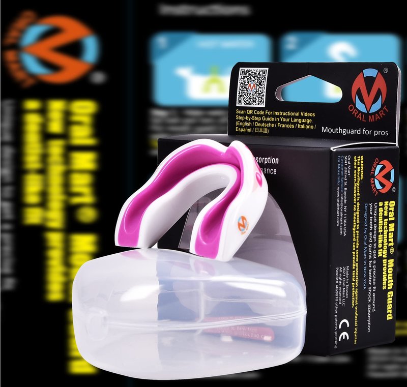 Oral Mart White/Pink Youth Vampire Fangs Mouth Guard for Kids - Youth Mouthguard for Karate, Football, Martial Arts, Taekwondo, Boxing, Rugby, BJJ, Muay Thai, Soccer, Hockey (with Free Case)