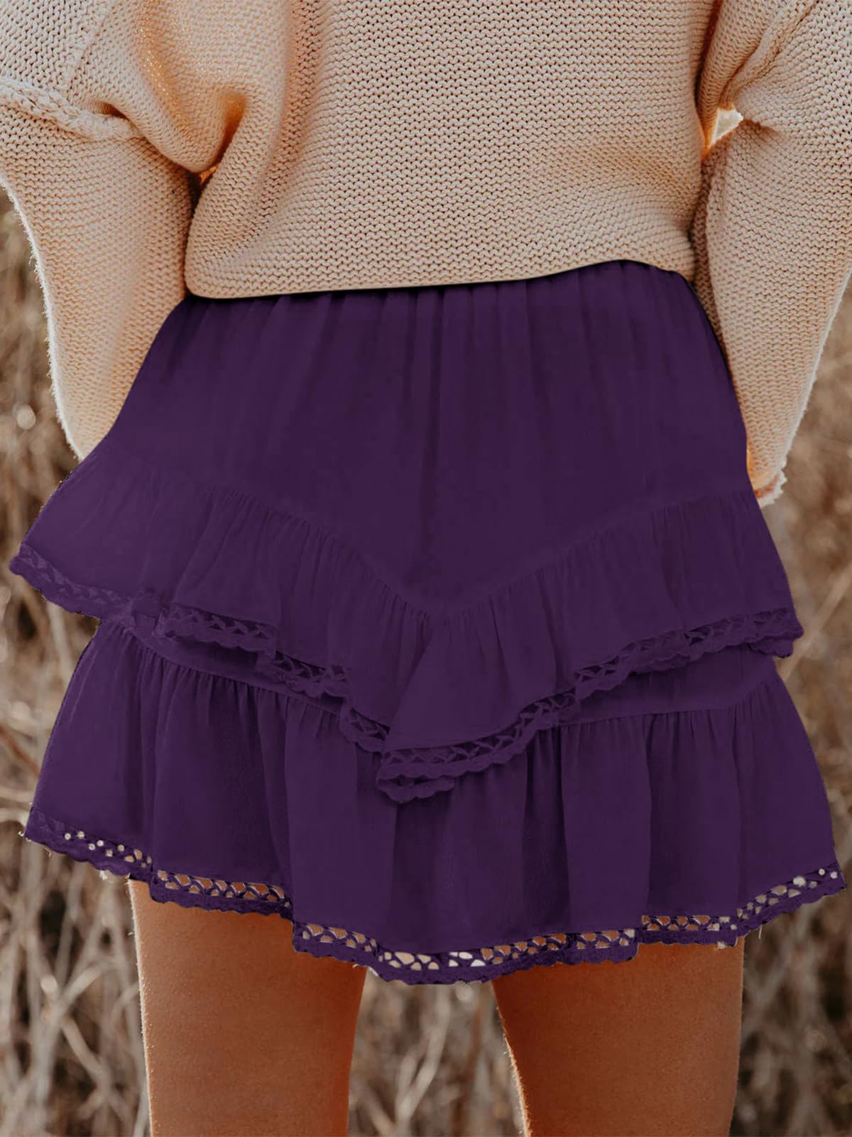 Aoudery Flowy Shorts for Women Casual Boho Ruffle Tiered Skorts High Waist Mini Skirts Golf Tennis Butterfly Crochet Shorts - Dark Purple XL