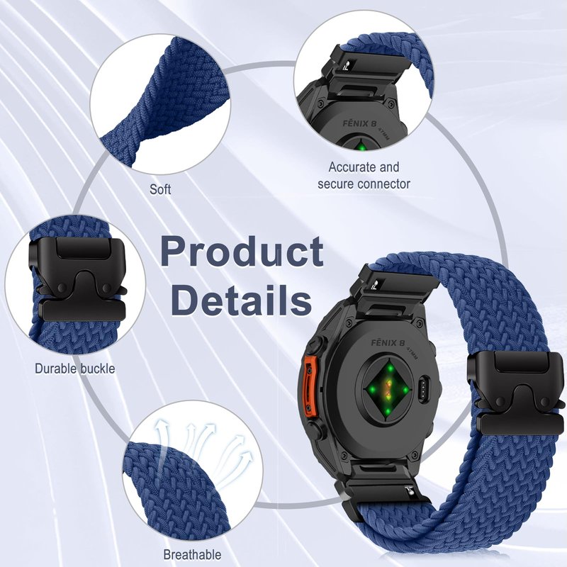MiKoyi Nylon Band for 47mm of Garmin Fenix E/Fenix 8 Pro/Tactix 8/Quatix 8/D2 Mach 2, 22mm QuickFit Stretchy Braided Nylon Sport Strap for Garmin Quatix 7 Pro/6/6 Titanium, Descent G2 - Blue