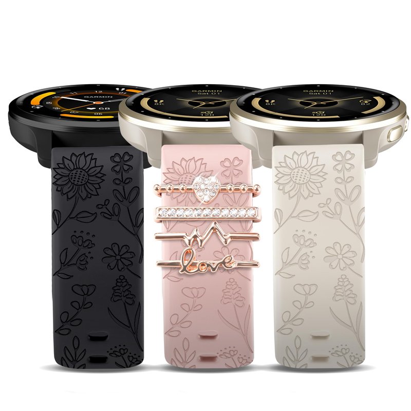 HQzon 22mm Flower Engraved Silicone Band Compatible with Garmin Vivoactive 4/Venu 3/Venu 2/Venu 4 45mm, Women Replacement Strap Compatible with Forerunner 265/255/745