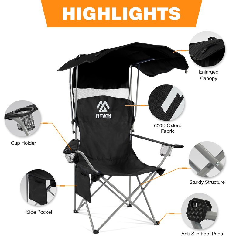 Elevon Camping Chair, Oversized Folding Chair with Canopy, Portable Outdoor Chair with Arms, Cup Holder and Carry Bag for Camping, Fishing, Beach, and Sports, Indigo