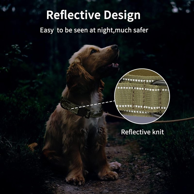 Reflective Tactical Dog Collar - Adjustable Military Nylon with Control Handle | Heavy Duty for Medium & Large Dogs, 1.5" Width, Brown