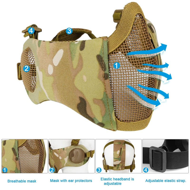 Yzpacc Airsoft Mask with Goggles, Foldable Half Face Airsoft Mesh Mask with Ear Protection for Paintball Shooting Cosplay CS Game