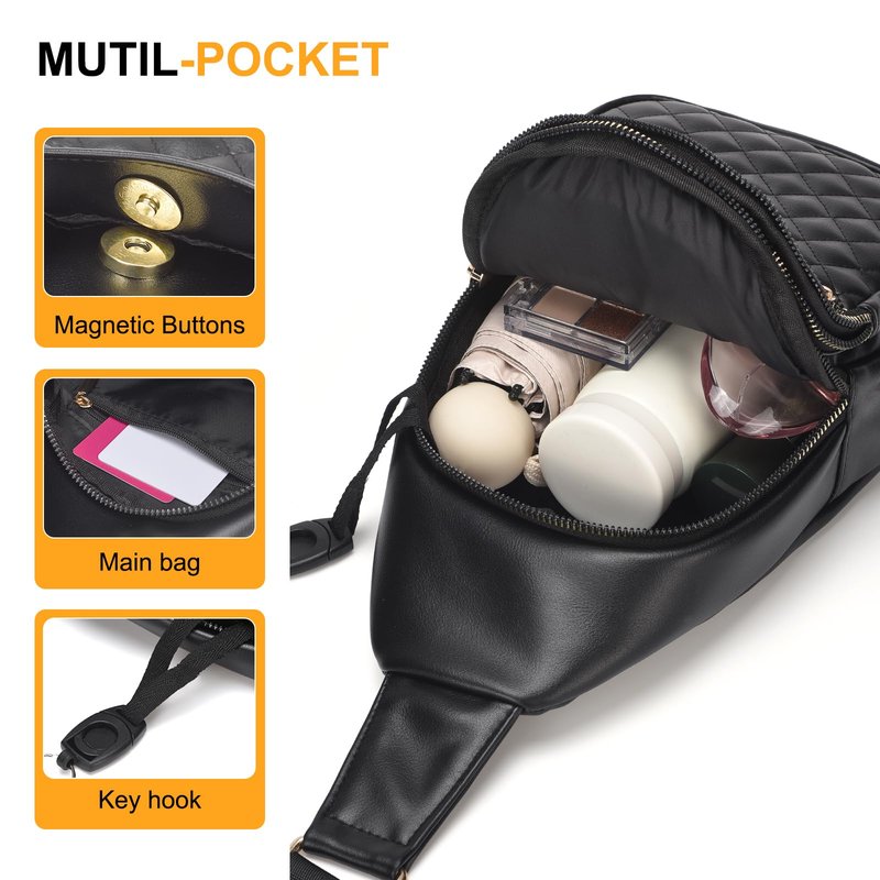 SUIKIHUM Crossbody Bags for Women Men,Leather Sling Bag Cross Body Backpack for Women, Casual Chest Bag Daypack for Travel Hiking,Black