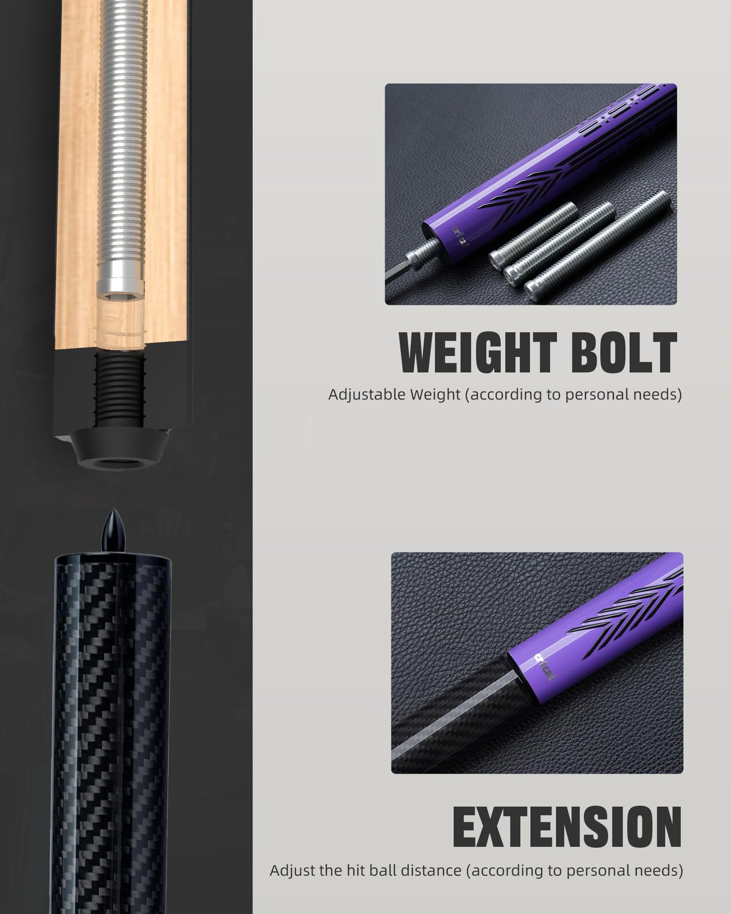 CRICAL Carbon Fiber Pool Cue Stick - 58" Low Deflection Professional Pool Cue with Pro Taper Shaft, 3D Wrapless Grip, 12.5mm Tip & 3/8x8 Joint Billiard Stick for Enhanced Control & Accuracy Purple