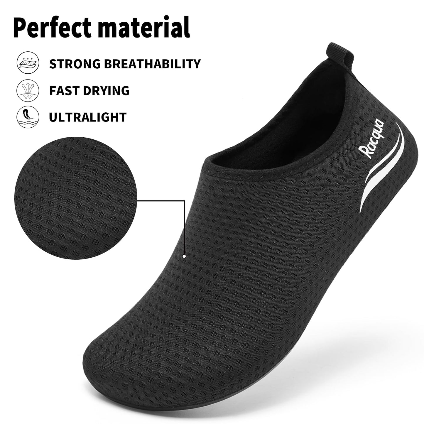 Racqua Water Shoes Swim Sea Pool Beach Shoes Aqua Lightweight Socks Shoes Non-Slip Breathable Quick-Dry Shoes for Men Women Black