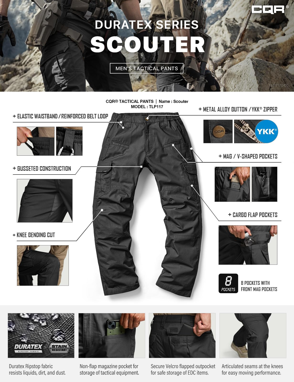 CQR Men's Tactical Pants, Water Resistant Ripstop Cargo Pants, Lightweight EDC Work Hiking Pants, Outdoor Apparel, Raider Black, 30W x 32L