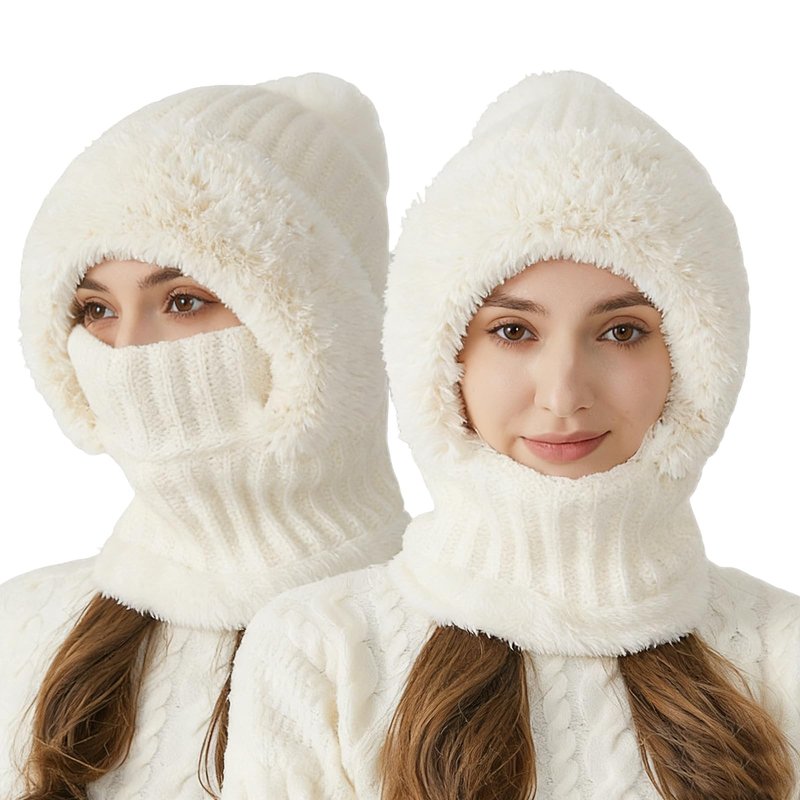 2026 New 3 in 1 Beanie Balaclava for Women, Fleece Lined Winter Hat with Scarf and Ski Mask, Windproof Knit Set (Cream)