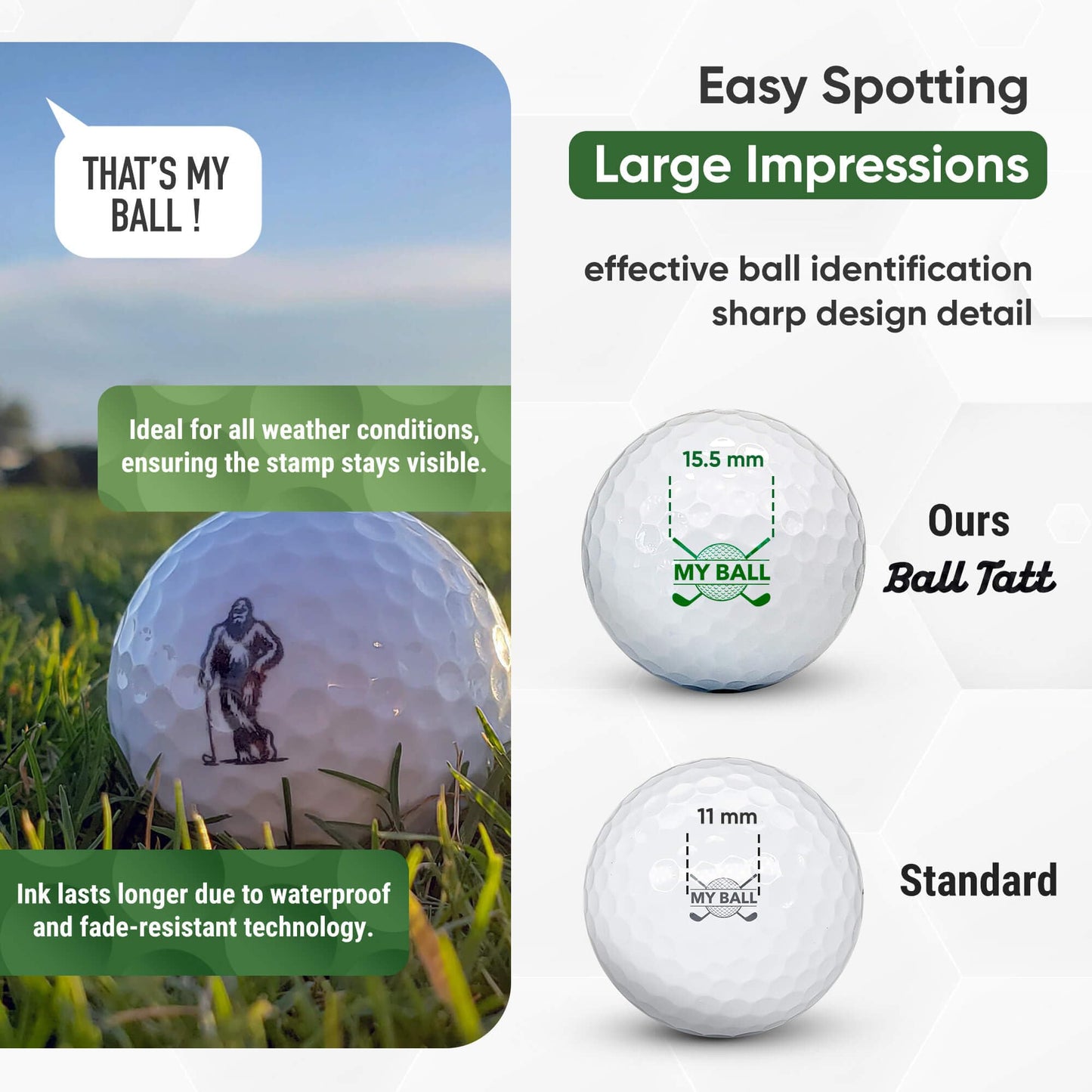 Ball Tatt - Golf Ball Stamp - Self-Inking Marker - Quick-Dry Permanent Marking Tool, No Leaks or Refills, Reusable & Waterproof Golfing Stamper - Ideal Gift for Golfers, Dads, (Sasquatch Golfer).