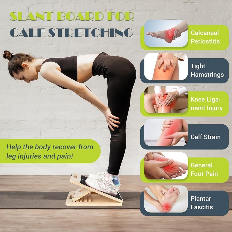 Calf Stretching Slant Board - Adjustable Wooden Incline Wedge with Training Poster | 300 Lbs Capacity