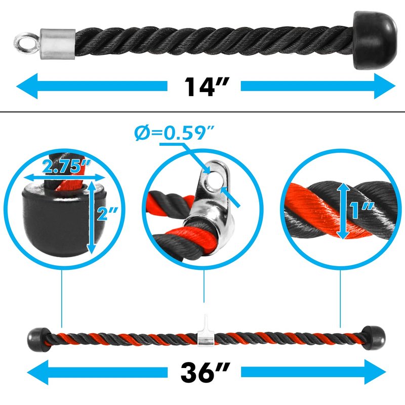 A2ZCARE Tricep Rope Cable Attachment with Snap Hook, Rope Pull Down Attachment Gym Rope Pull Down for LAT Pulldown Machine - 27 & 36 inch with Black & Red (E. 36" Black & Red + Single Tricep Rope)