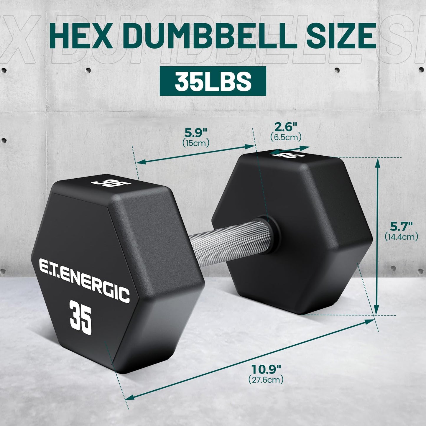 E.T.ENERGIC 35LB PU Hex Dumbbells Solid Carbon Steel with Chrome Handle for Full Body Workout & Strength Training