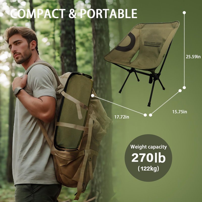 Lightweight Folding Camping Chair for Adults, Heavy Duty 270lbs Capacity Compact Backpacking Hiking Chair – Portable Durable Outdoor Chair with Ergonomic Support (Army Green)