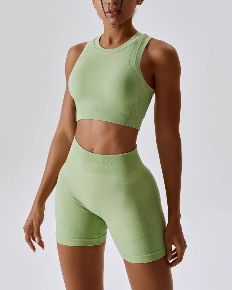 ABOCIW Workout Sets for Women Seamless Racerback Sport Bra Padded Yoga Tank Tops Tummy Control High Waist Biker Shorts Gym Yoga 2 Piece Outfits Light Green Large