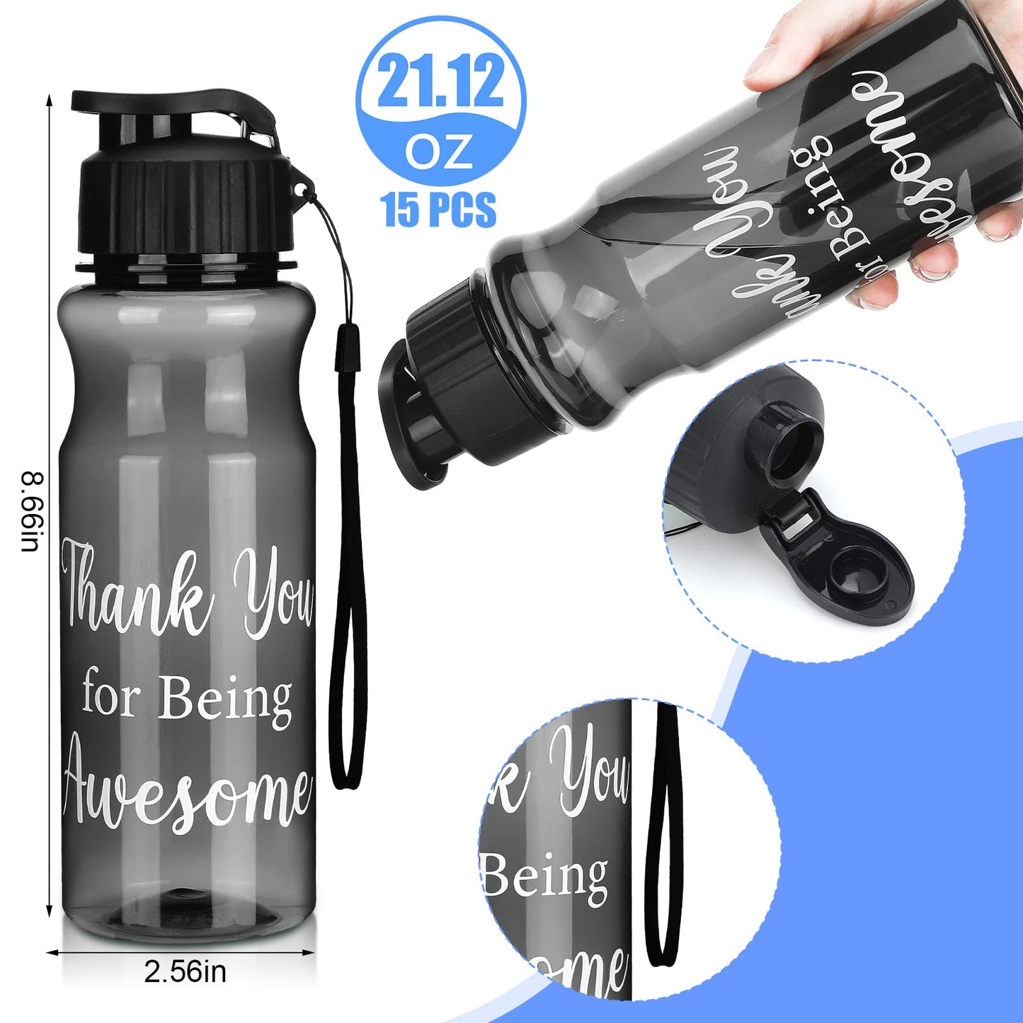 Gerrii 15 Pcs Water Bottles Bulk Employee Appreciation Gifts Thank You for Being Awesome Water Bottles Bulk Gifts Staff Coworker Employees Team Gifts Teacher Gift (Black)