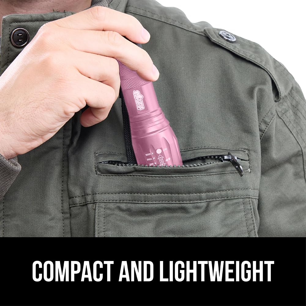 GORILLA GRIP Powerful LED 750 FT Water Resistant 5 Adjustable Mode Tactical Flashlight, High Lumens Ultra Bright Battery Zoom Flashlights, Small Camping Car Mini Flash Light Accessories, 2 Pack, Pink