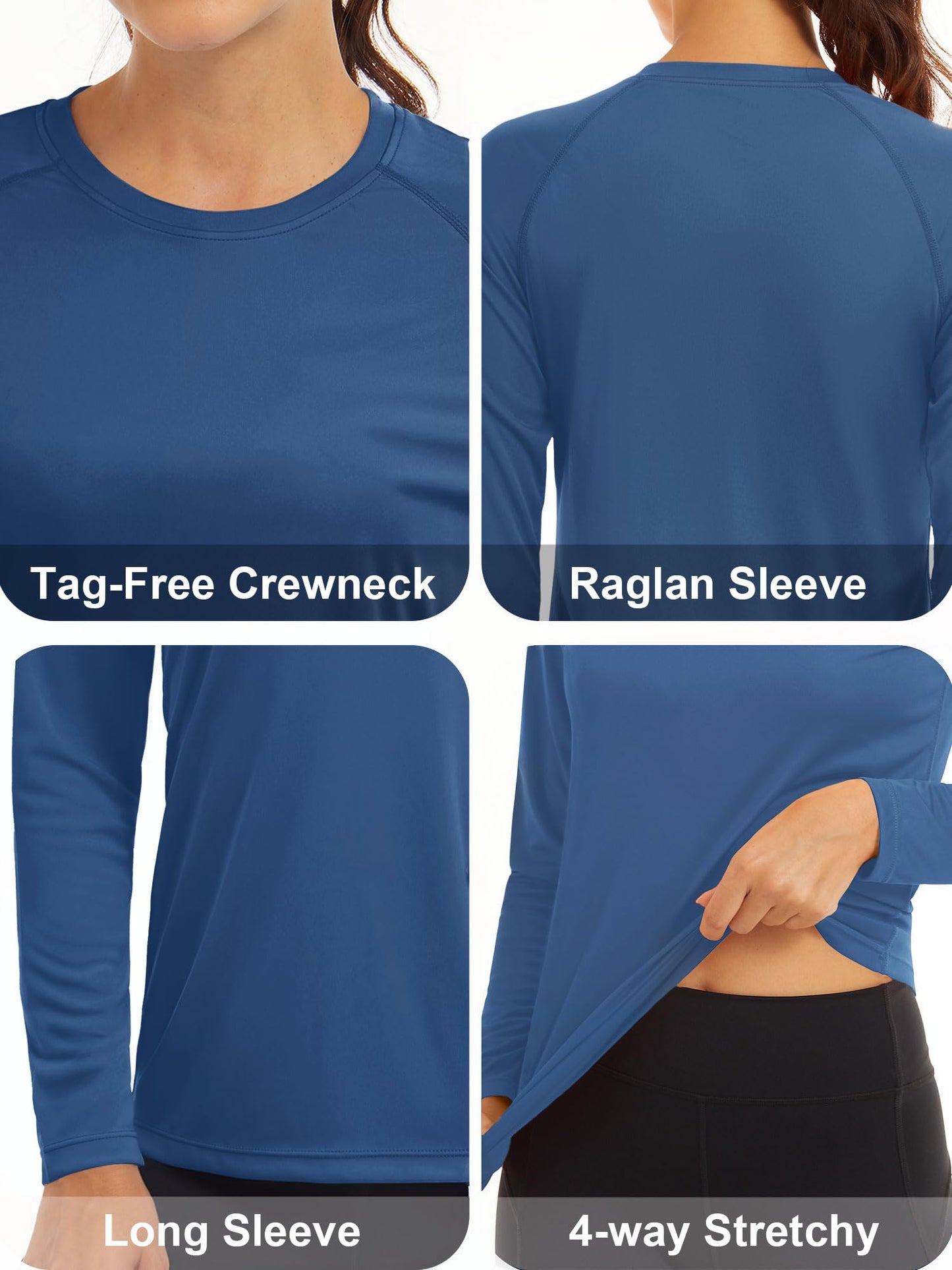 MAGCOMSEN Athletic Shirts Women Fitted Long Sleeve Shirts for Women Running Shirts Women Sun Protection Shirts for Women Lightweight Shirts Blue Grey
