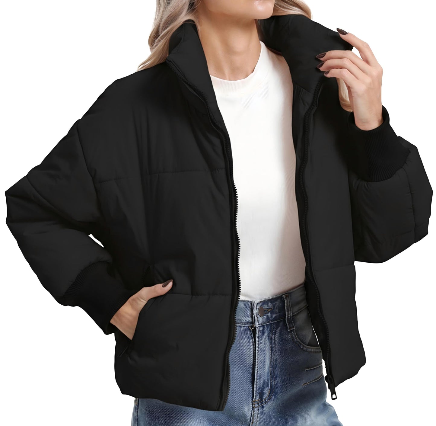 BenBoy Women's Winter Puffer Jacket Short Cropped Padded Baggy Crop Warm Quilted Jackets Short Casual Outerwear Coats,MF2999W-Black-L