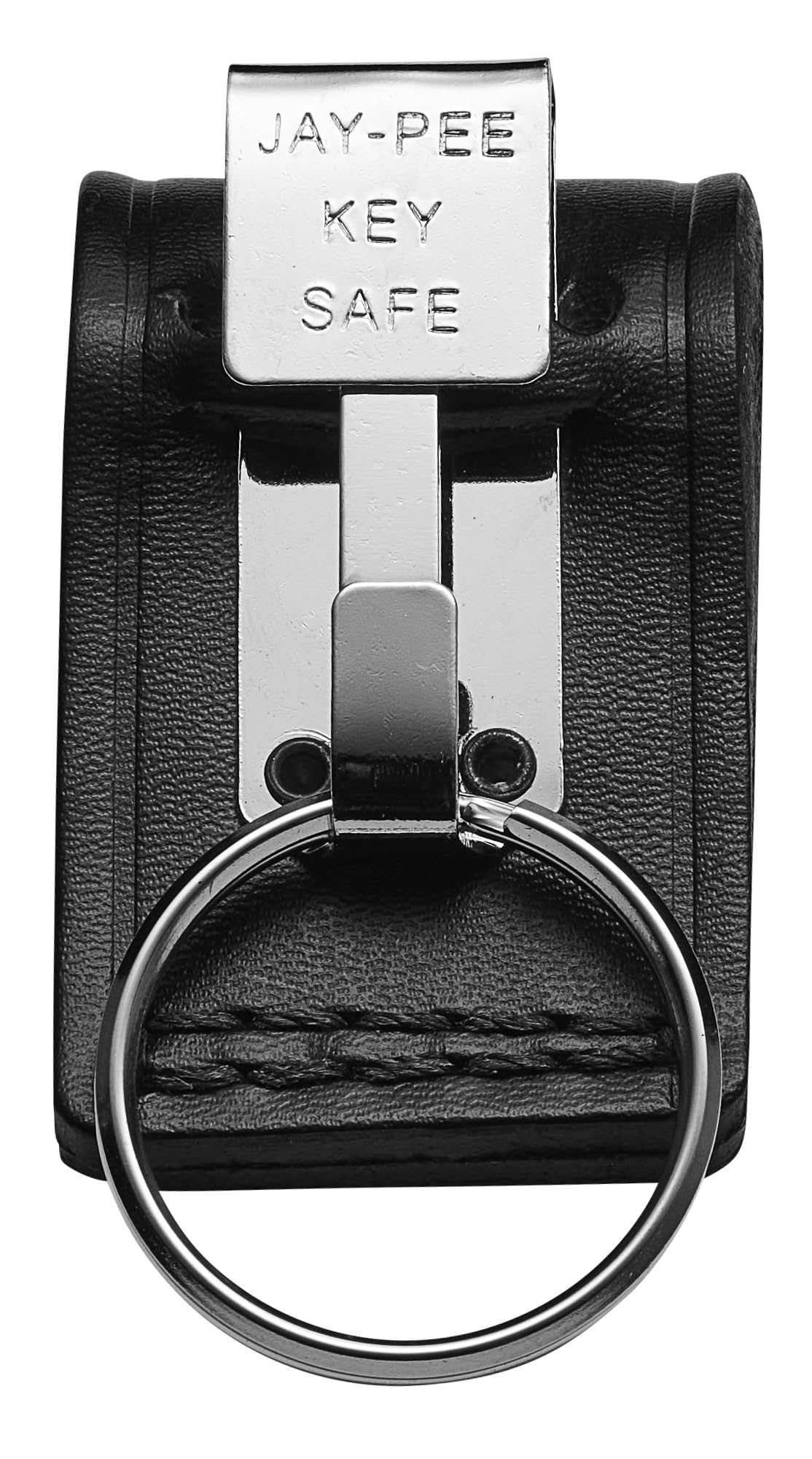 JAY-PEE Black Leather Duty Belt Key Holder, Officer Accessory, Law Enforcement Ring Carrier, Tactical Belt Loop Keychain Security with 1 Chrome Detachable Key Ring Safety Hook for up to 2.25" Belts