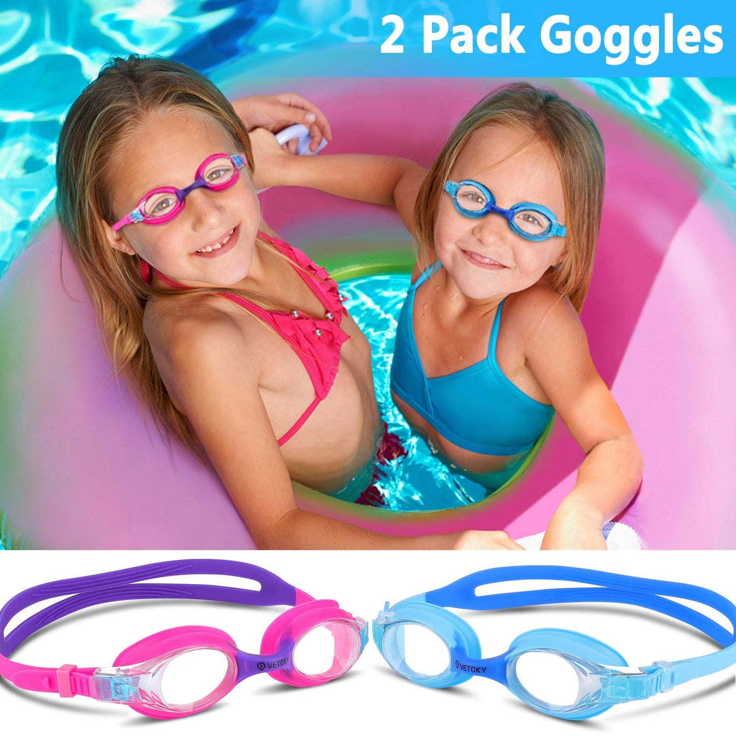 VETOKY Kids Swim Goggles, Pack of 2 Anti Fog Swimming Goggles UV Protection Clear No Leaking for Child and Youth Ages 3-12 Blue+Blue&Purple+Pink