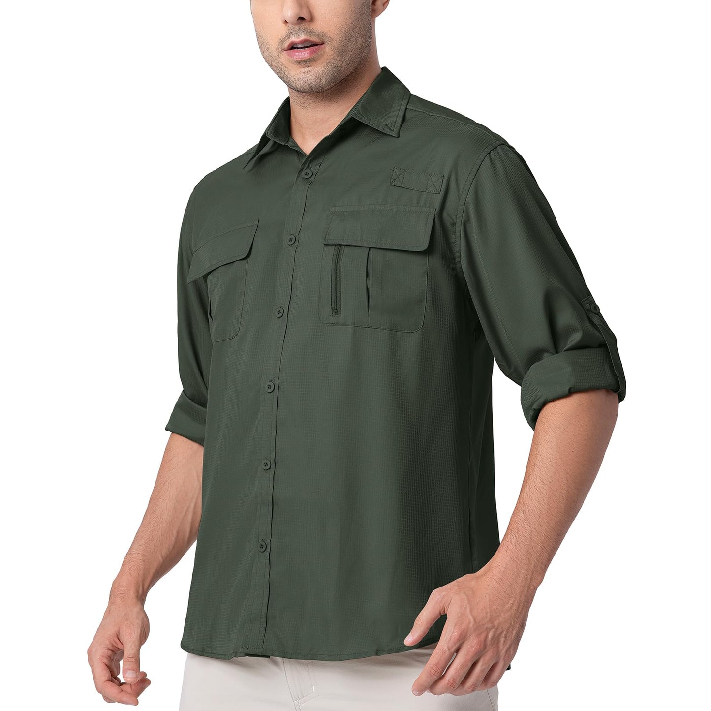 Men's Long Sleeve Sun Protection Shirts UPF 50+ UV Button Down Quick Fast Dry Cooling Fishing Breathable for Travel Safari Camping Hiking (US, Alpha, Medium, 16.5, Regular, Regular, Military Green)