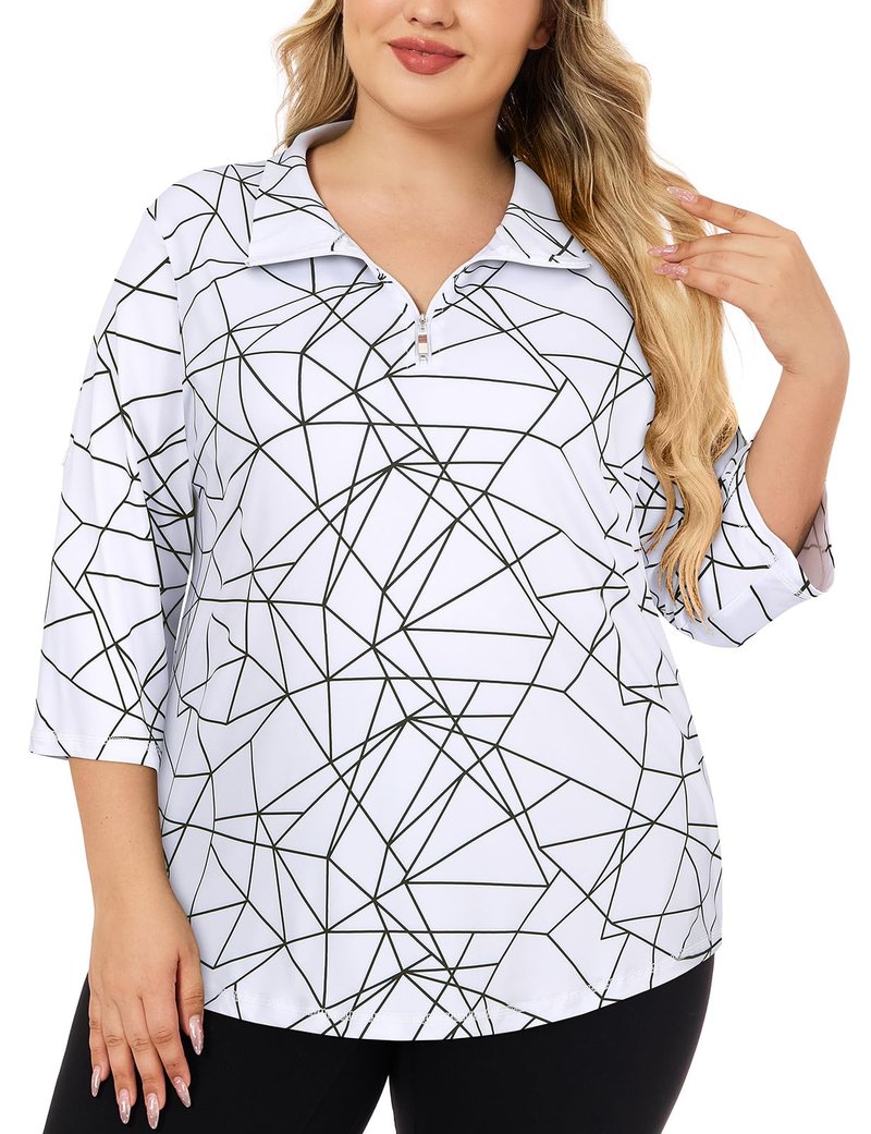 Koscacy 3/4 Sleeve Plus Size Golf Top Women, Quarter Zip Quick Dry Polo Shirt Loose Fit V-Neck Solid Tennis Half Sleeve Tops for Run Badminton Daily Casual Wear Blue