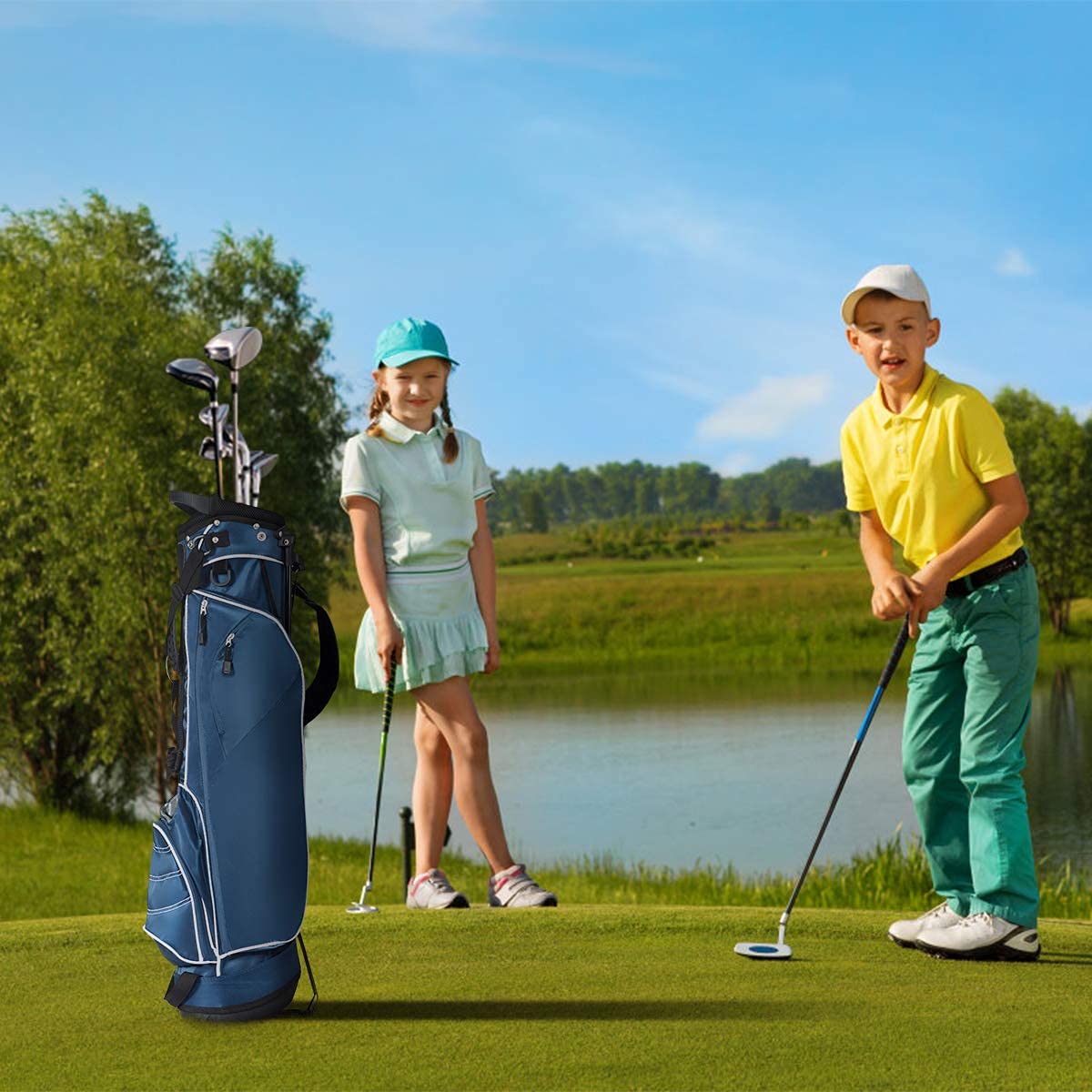 Salches Golf Stand Bag, Portable Golf Bag w/3 Way Dividers & 4 Pockets, Organized Stand Bag for Easy Storage (Blue)