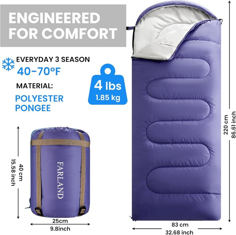 FARLAND Sleeping Bag for Adults - 3 Season Lightweight Camping Gear | Warm & Cool Weather, Compression Sack Included