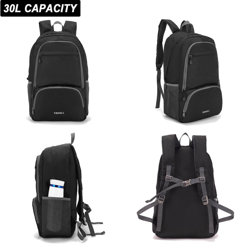 YZAOLL 30L Hiking Backpack Lightweight Day Packs, Packable Backpack for Women Men Travel Camping Vacation,Black