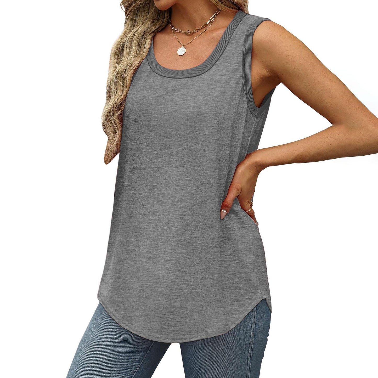 Borniu Womens Tank Tops Summer Loose Sleeveless Tops Scoop Neck Curved Hem Casual Flowy Shirt 2024 Outfits Clothes Gray