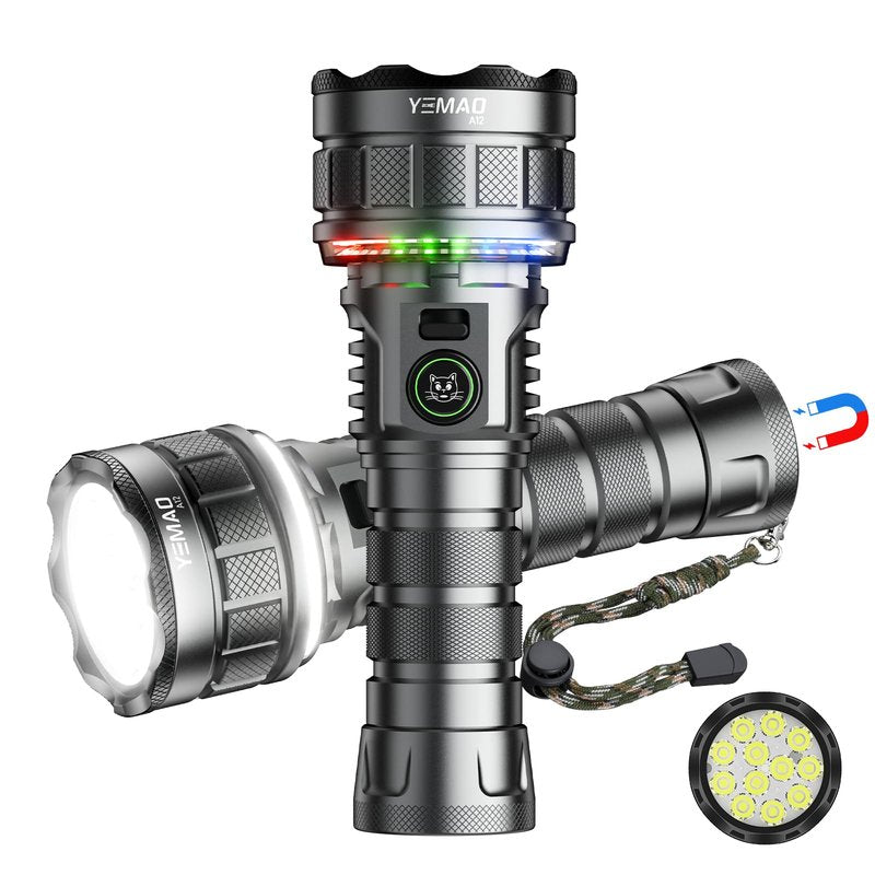 7200 High Lumen Super Bright Rechargeable Flashlight 19 Modes,5000mAh Led RGB Ambient Marquee Flashlight with Memory,High Powered Tactical Flashlight with Camp Light for Home Mergency and Ourdoor Uses
