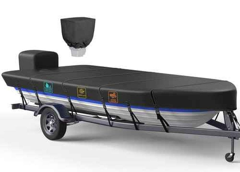 1200D 5-Layer Jon Boat Cover 16-18ft with Motor Cover | Super Waterproof (2-Layer PU, 1" Seam Tape) | UV Resistant, 11+4 Windproof Straps | Mooring/Trailerable