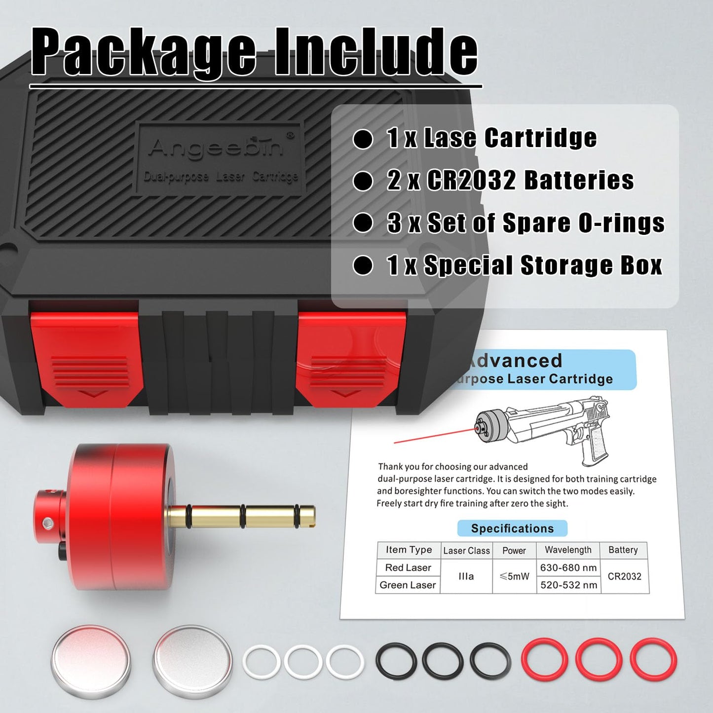 Angeebin Advanced Laser Training Cartridge and Boresighter Two-in-One Dual-Purpose for Cal .22lr/.223/5.56mm to Boresighter and Dry Fire Practice