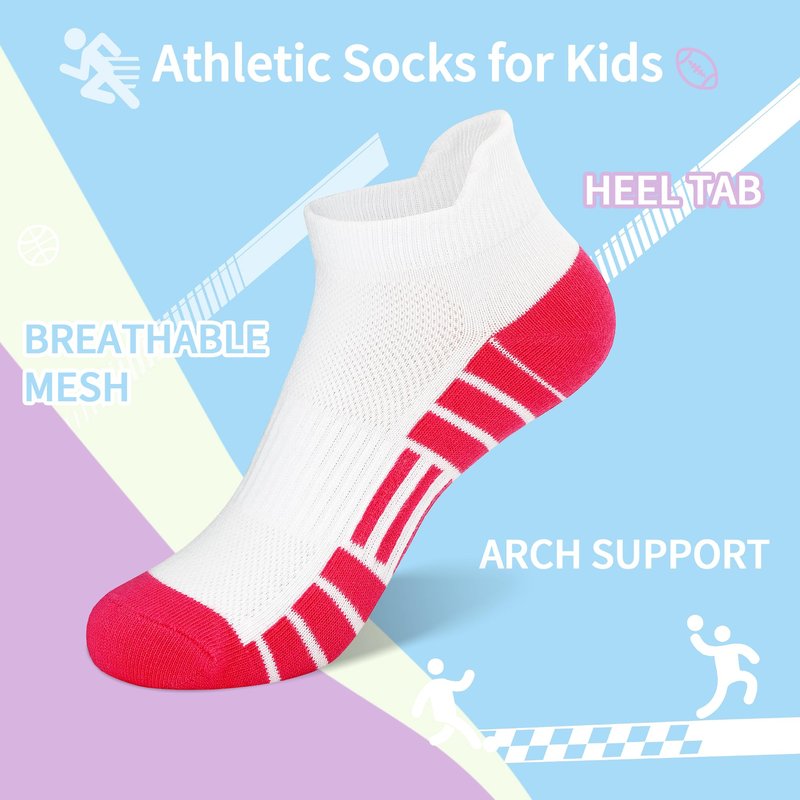 SPTRAMLE 12 Pairs Girls Socks, Athletic Socks for Girls Ankle Sock Cotton Running Sock with Tab for Kids 5-7 Years