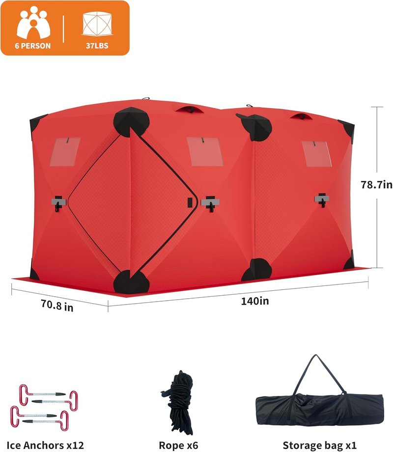 Pop Up Ice Fishing Tent - Insulated Portable Hub-Style Shelter | Windproof & Warm for 3-4 People, Blue, 6x6x6.6 Ft